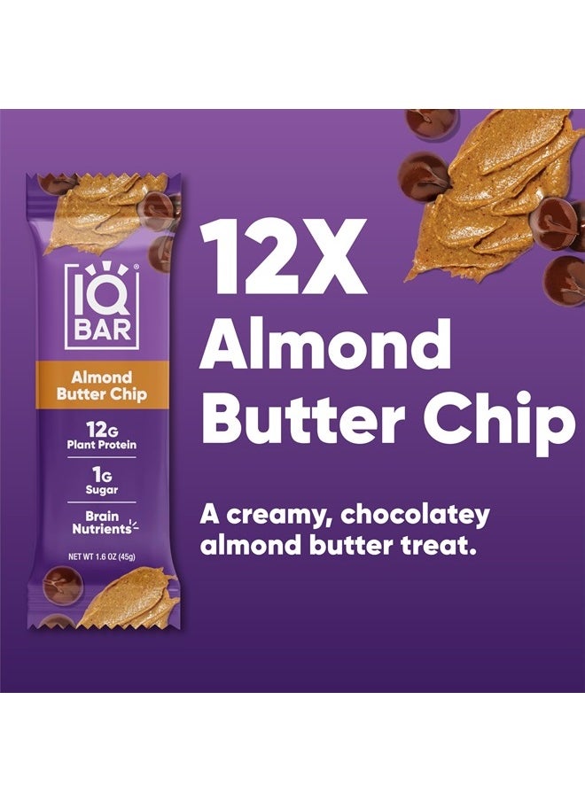 Brain and Body Plant Protein Bars - Almond Butter Chip - 12 Count, Low Carb, High Fiber, Gluten Free, Vegan Snacks - Low Sugar Keto Energy Bars