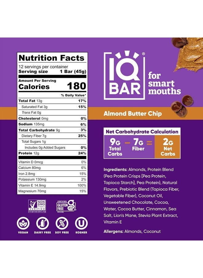 Brain and Body Plant Protein Bars - Almond Butter Chip - 12 Count, Low Carb, High Fiber, Gluten Free, Vegan Snacks - Low Sugar Keto Energy Bars