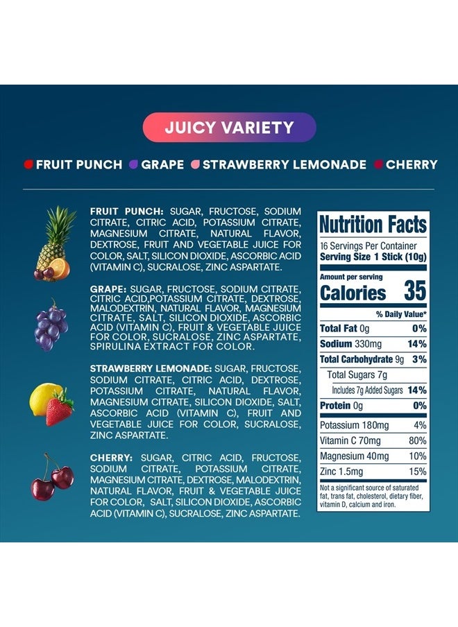 Hydration - Juicy Variety Pack - Electrolyte Drink Mix Single Serve Hydration Powder Packets - Grape, Fruit Punch, Strawberry Lemonade, Cherry | Non-GMO, Gluten Free, Vegan | 16 Sticks