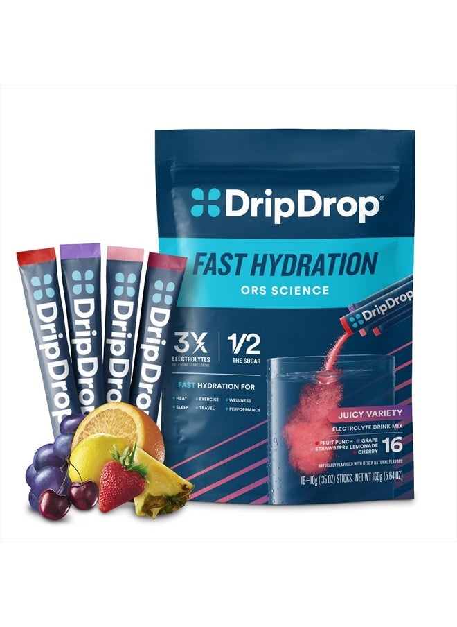 Hydration - Juicy Variety Pack - Electrolyte Drink Mix Single Serve Hydration Powder Packets - Grape, Fruit Punch, Strawberry Lemonade, Cherry | Non-GMO, Gluten Free, Vegan | 16 Sticks