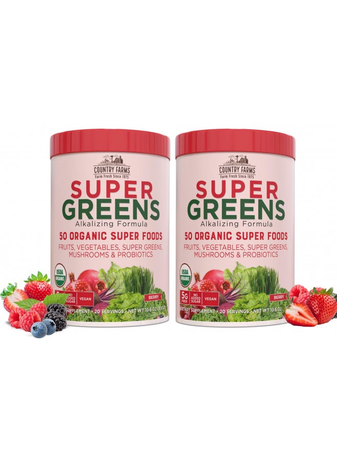 Country Farms Super Greens Berry Flavor, 50 Organic Foods, USDA Drink Mix, Multicolor, Multi, 40 Servings, 21 Oz, 2 Pack