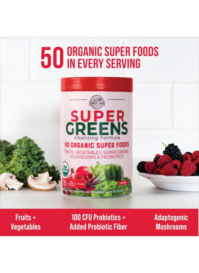 Country Farms Super Greens Berry Flavor, 50 Organic Foods, USDA Drink Mix, Multicolor, Multi, 40 Servings, 21 Oz, 2 Pack