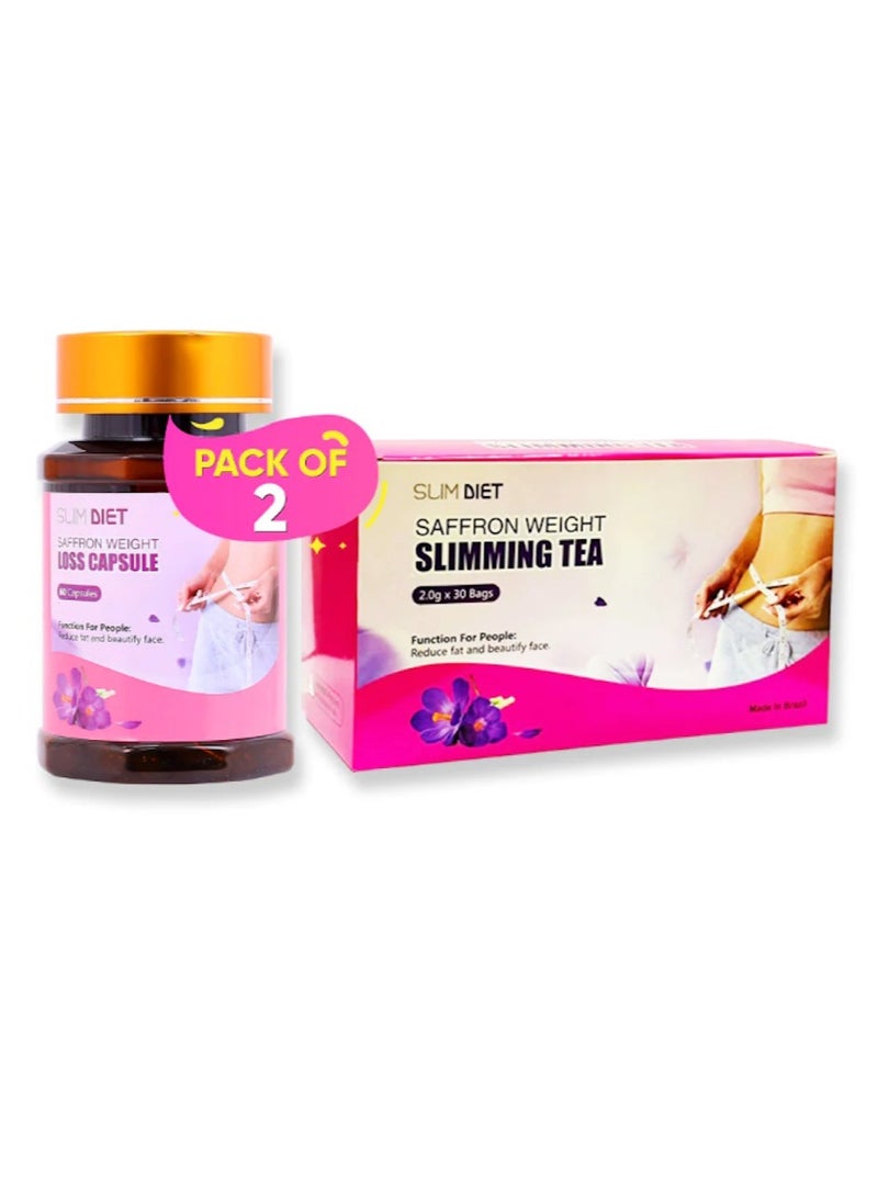 Slim Diet Saffron Weight Loss Slimming Tea and Capsules, Dynamic Duo for Accelerated Weight Loss and Powerful Fat Burning with Detox Herbal Tea (30 Tea Bags) and Antioxidant-Rich Capsules (60 Capsules