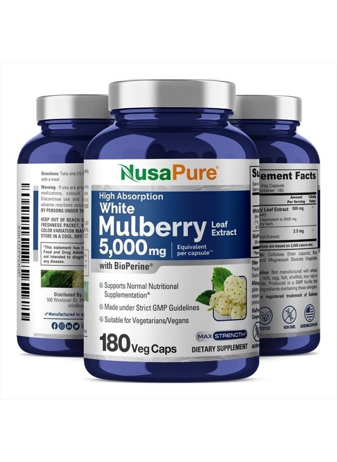 White Mulberry Leaf Extract 5,000mg 180 Veggie Caps (Vegetarian, Bioperine)