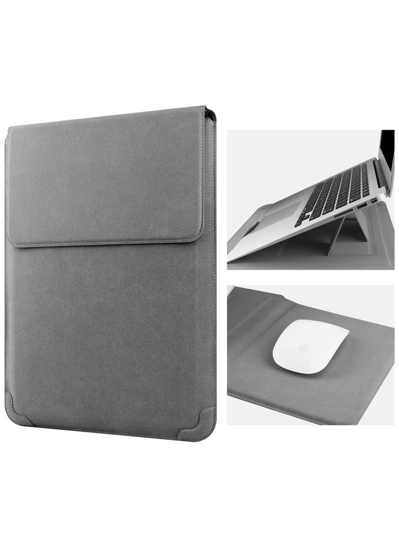 13-14 Inch Laptop Sleeve Case Leather Bag with Stand Compatible with all 13-14'' PC, Leather Laptop Case with Mouse Pad Notebook Computer Protective Cover Slim Bag - Gray