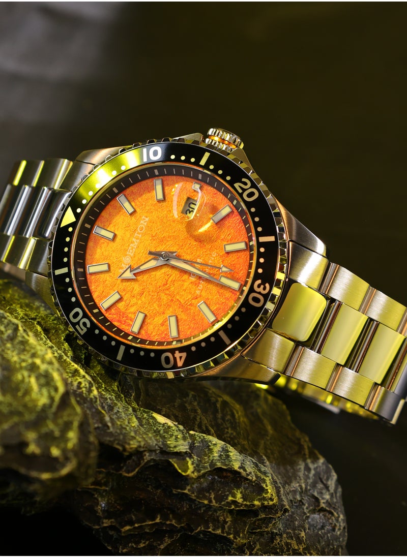 MOEMTON Northern Lights Men's Mechanical Watch Orange Luminous Dial 100m Water Resistant Magnifying Glass Date Window See Through Case Back Black Rotating Chronograph Bezel Stainless Steel Business Casual Fashion M108.BSSA01