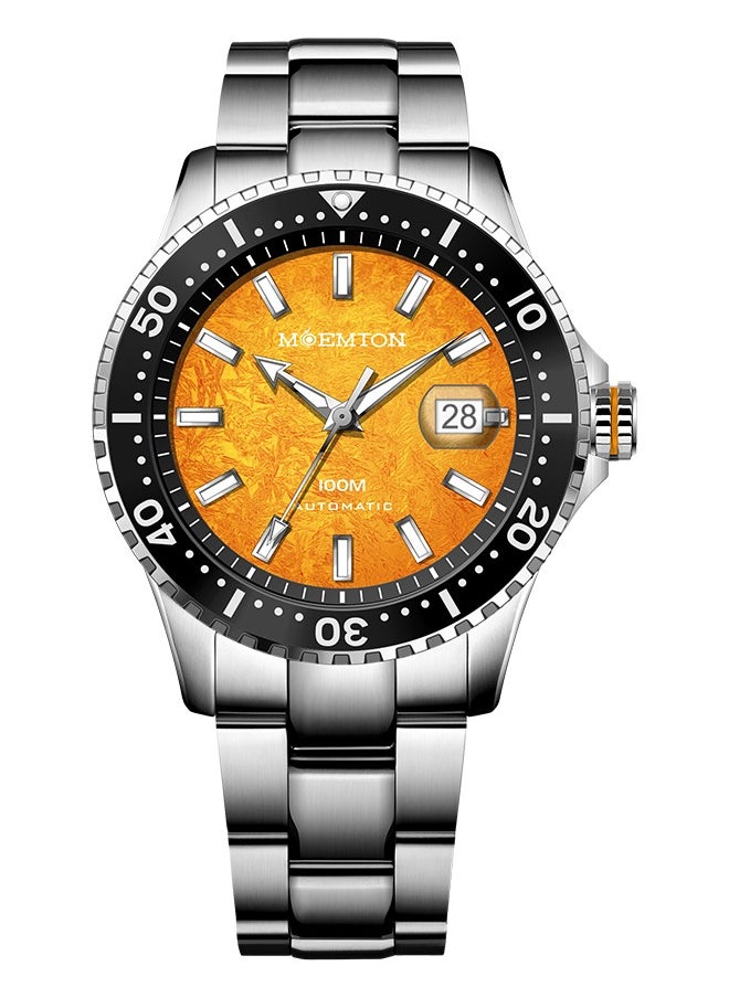 MOEMTON Northern Lights Men's Mechanical Watch Orange Luminous Dial 100m Water Resistant Magnifying Glass Date Window See Through Case Back Black Rotating Chronograph Bezel Stainless Steel Business Casual Fashion M108.BSSA01