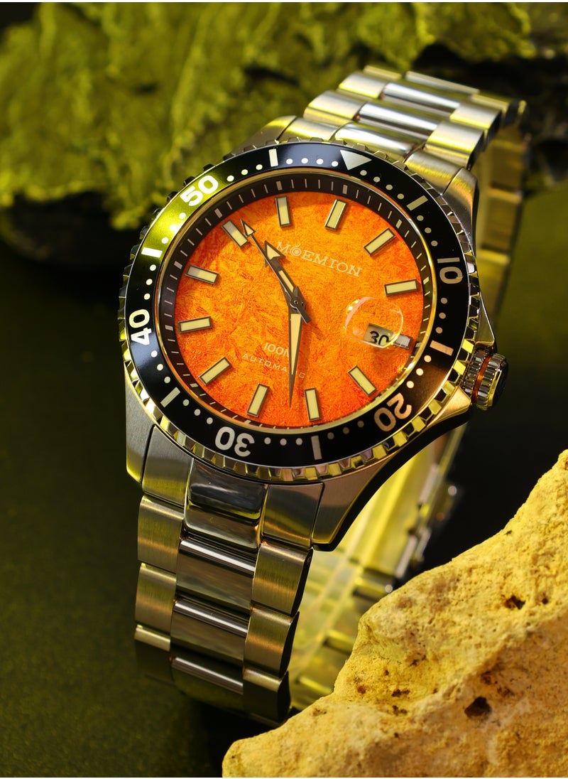 MOEMTON Northern Lights Men's Mechanical Watch Orange Luminous Dial 100m Water Resistant Magnifying Glass Date Window See Through Case Back Black Rotating Chronograph Bezel Stainless Steel Business Casual Fashion M108.BSSA01
