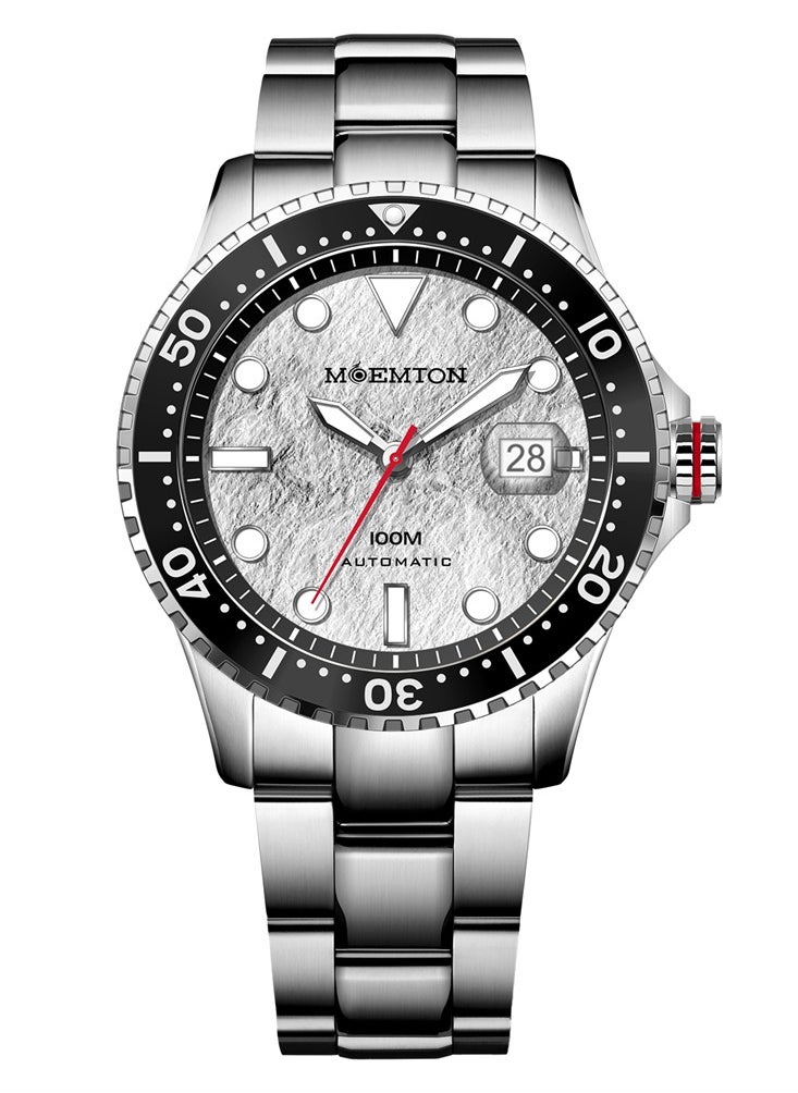 MOEMTON Meteorite Men's Watch Silver Grey Dial Magnifying Glass Date Window Black Rotating Chronograph Bezel See-Through Caseback 100m Water Resistant Red Seconds Stainless Steel Business Casual M140.BSSA01