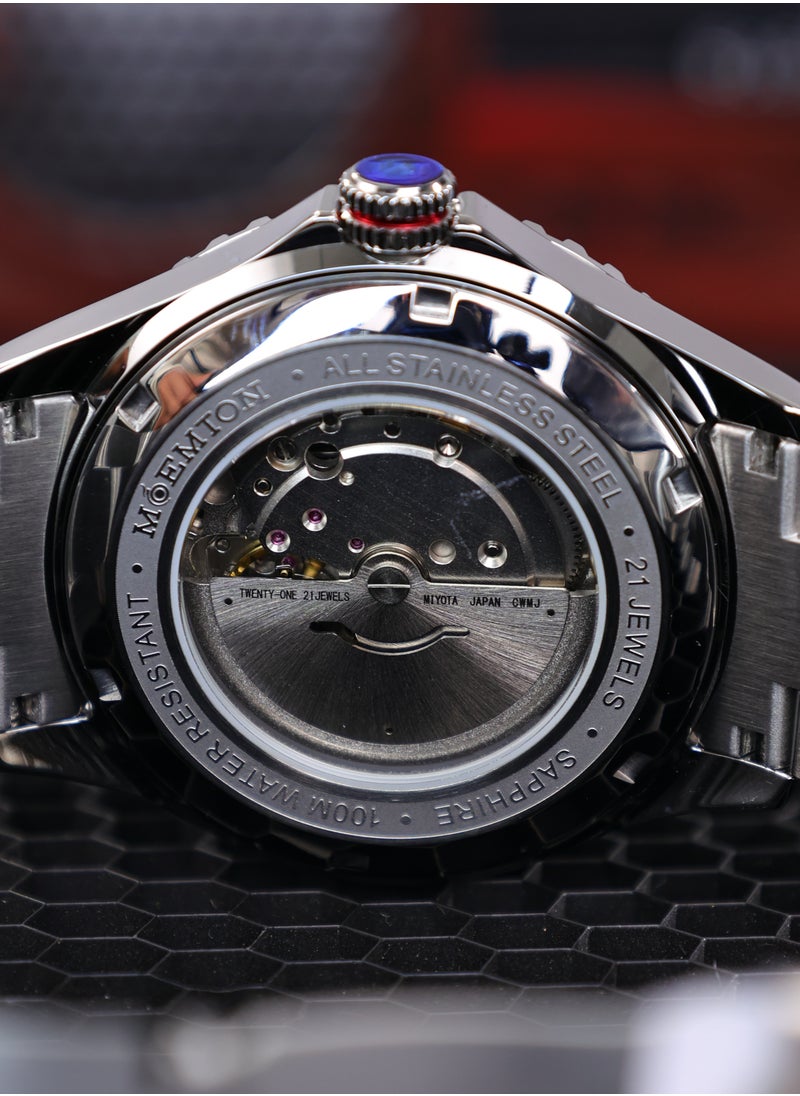 MOEMTON Meteorite Men's Watch Silver Grey Dial Magnifying Glass Date Window Black Rotating Chronograph Bezel See-Through Caseback 100m Water Resistant Red Seconds Stainless Steel Business Casual M140.BSSA01