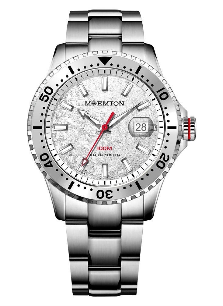 MOEMTON Northern Lights Men's Mechanical Watch Stainless Steel White Luminous Dial 100m Water Resistant Magnifying Glass Date Window See-Through Back Rotating Chronograph Bezel Business Fashion M113.BSSA01