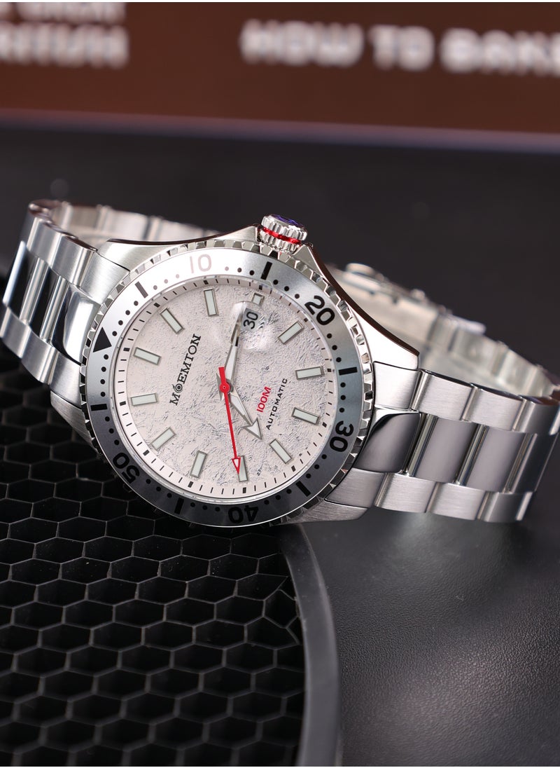 MOEMTON Northern Lights Men's Mechanical Watch Stainless Steel White Luminous Dial 100m Water Resistant Magnifying Glass Date Window See-Through Back Rotating Chronograph Bezel Business Fashion M113.BSSA01