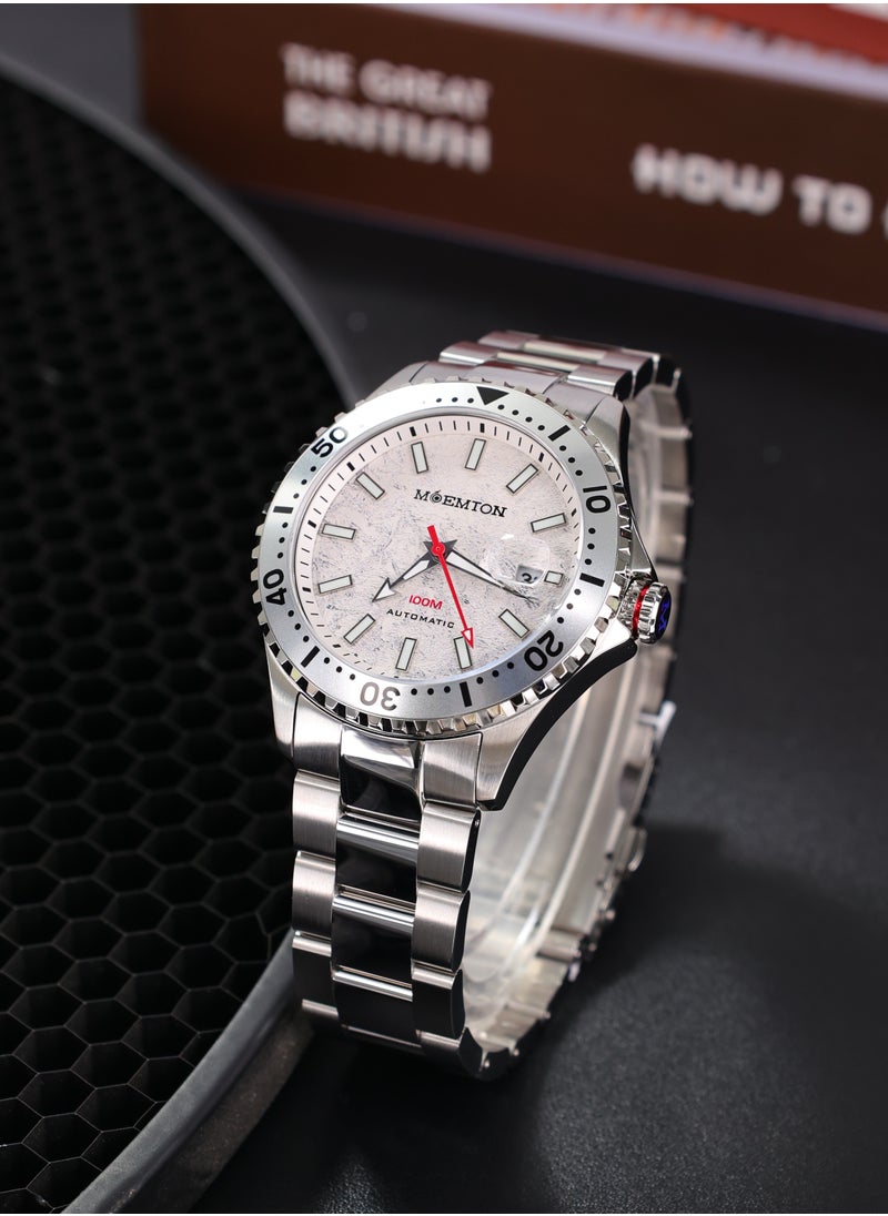 MOEMTON Northern Lights Men's Mechanical Watch Stainless Steel White Luminous Dial 100m Water Resistant Magnifying Glass Date Window See-Through Back Rotating Chronograph Bezel Business Fashion M113.BSSA01