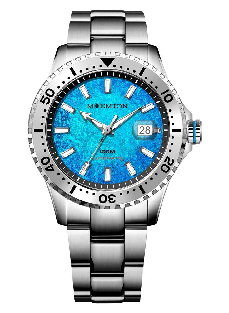 MOEMTON Northern Lights Men's Watch Gemstone Blue Dial Magnifying Glass Date Window See-Through Back Silver Rotating Chronograph Bezel 100m Waterproof Daylight Stainless Steel Business Casual Fashion M128.BSSA01