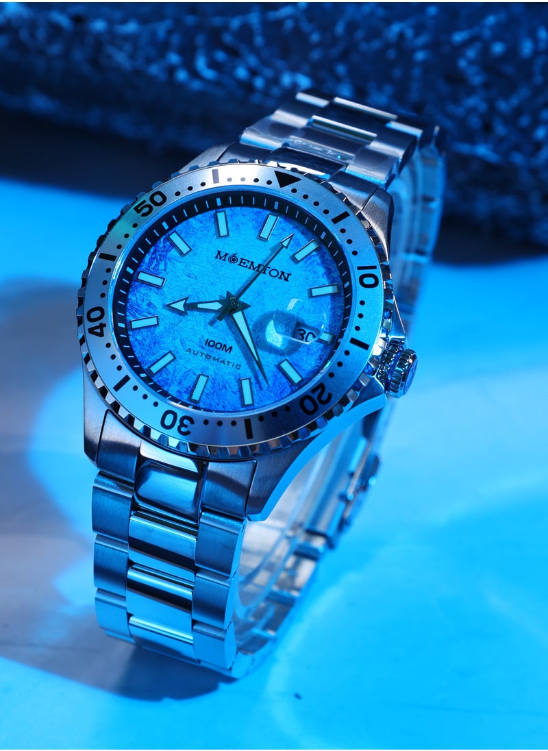 MOEMTON Northern Lights Men's Watch Gemstone Blue Dial Magnifying Glass Date Window See-Through Back Silver Rotating Chronograph Bezel 100m Waterproof Daylight Stainless Steel Business Casual Fashion M128.BSSA01