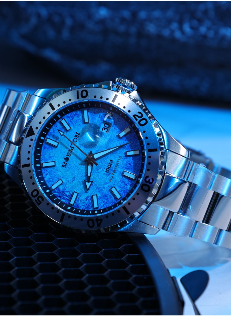 MOEMTON Northern Lights Men's Watch Gemstone Blue Dial Magnifying Glass Date Window See-Through Back Silver Rotating Chronograph Bezel 100m Waterproof Daylight Stainless Steel Business Casual Fashion M128.BSSA01