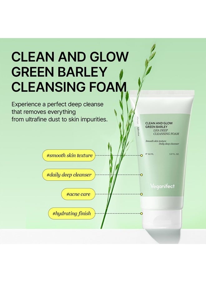 Clean and Glow Green Barley LHA Deep Cleansing Foam, Vegan Certified, Low pH, For Acne-Prone and Sensitive Skin, 5.57 Fl Oz