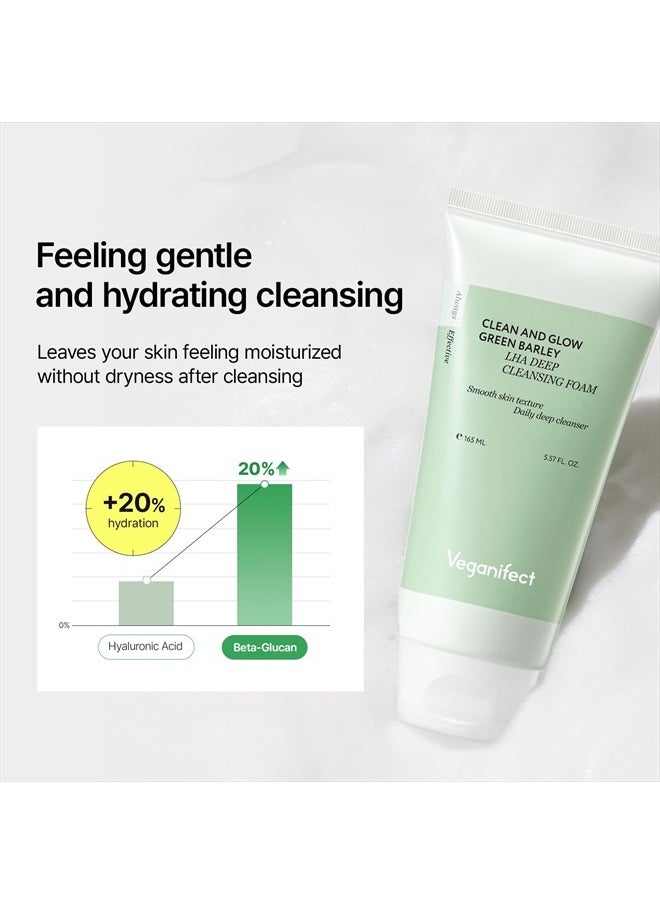 Clean and Glow Green Barley LHA Deep Cleansing Foam, Vegan Certified, Low pH, For Acne-Prone and Sensitive Skin, 5.57 Fl Oz