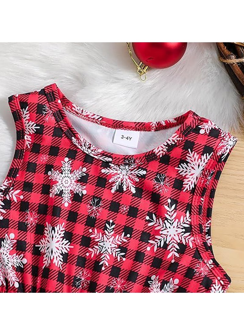 Christmas Dress Kid Toddler Christmas Outfit Sleeveless Buffalo Plaid Snowflake Print Dress+Hooded Cloak Velvet Cape Dress Up Clothes Kids Princess Dress Cosplay Clothes