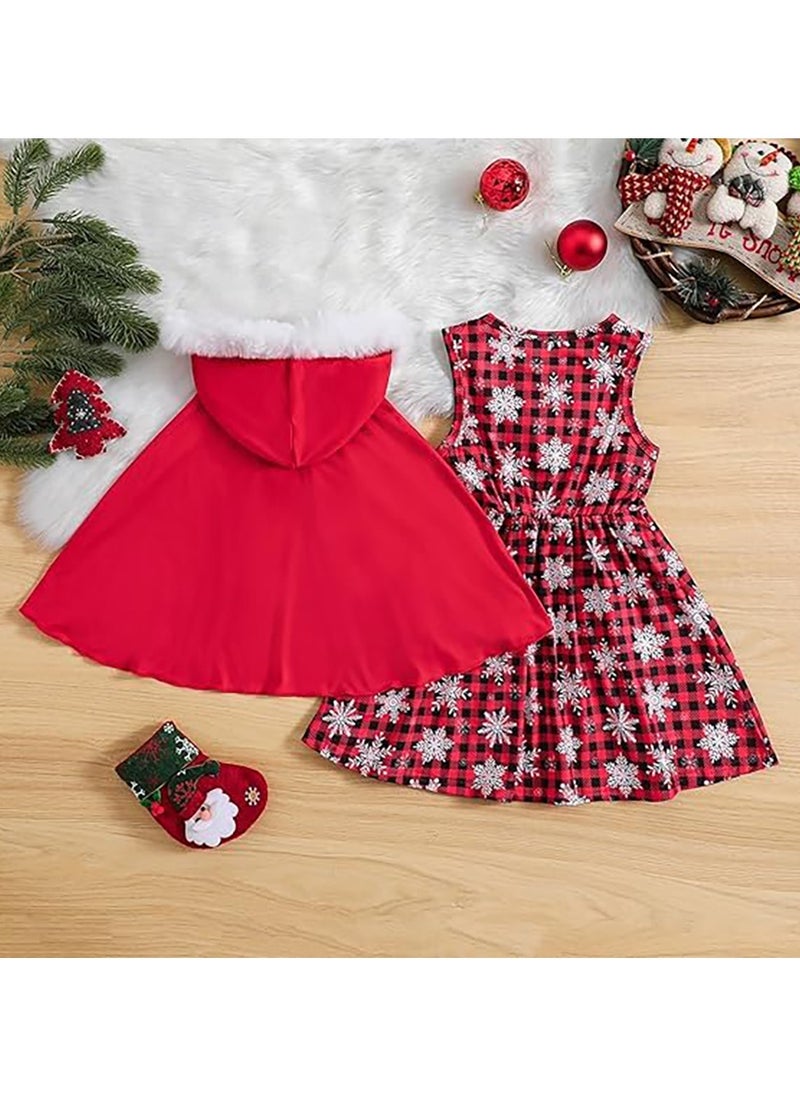 Christmas Dress Kid Toddler Christmas Outfit Sleeveless Buffalo Plaid Snowflake Print Dress+Hooded Cloak Velvet Cape Dress Up Clothes Kids Princess Dress Cosplay Clothes