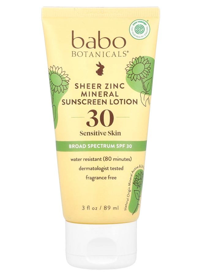 Sheer Zinc Mineral Sunscreen Lotion Sensitive Skin SPF 30 Fragrance Free 3 fl oz (89 ml)