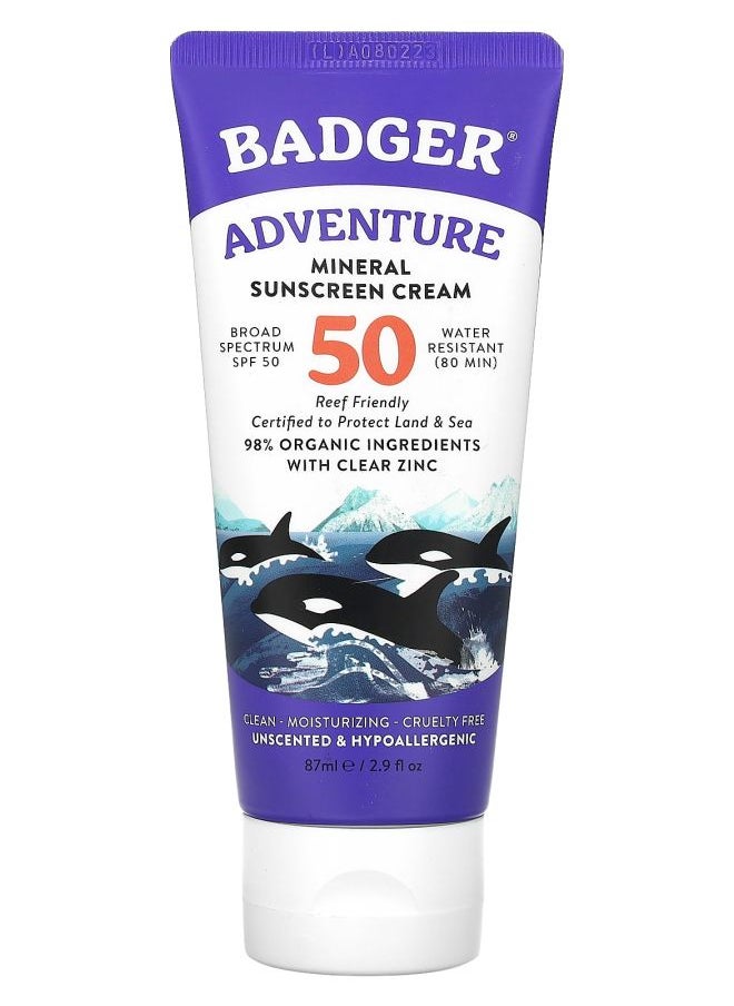 Adventure Mineral Sunscreen Cream SPF 50 Unscented 2.9 fl oz (87 ml)