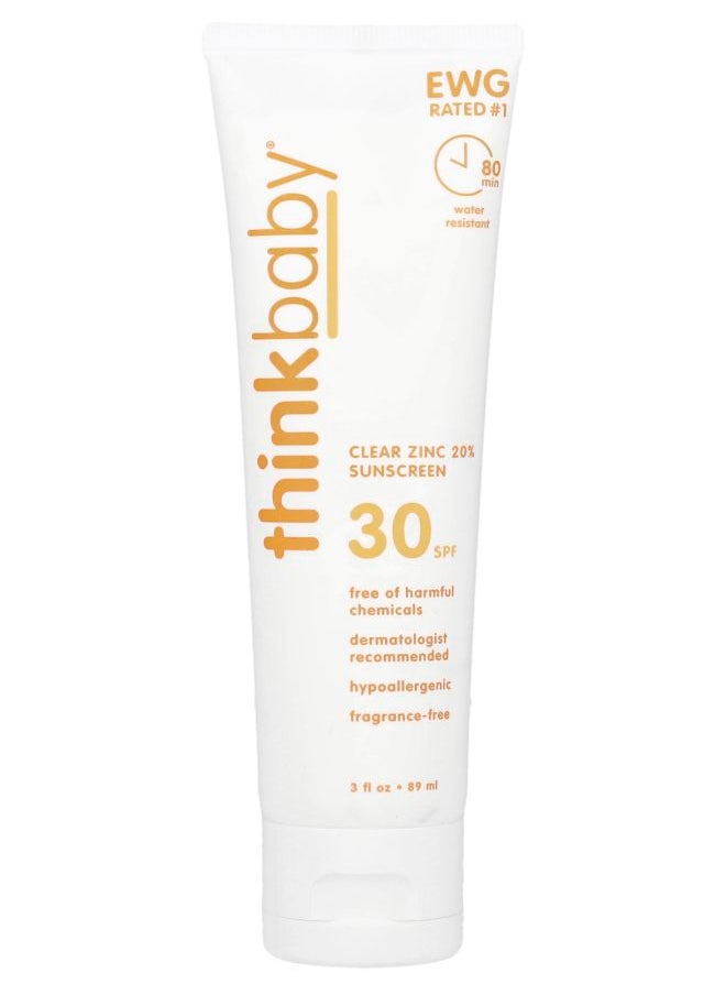 Thinkbaby Clear Zinc 20% Sunscreen SPF 30 Fragrance-Free 3 fl oz (89 ml)