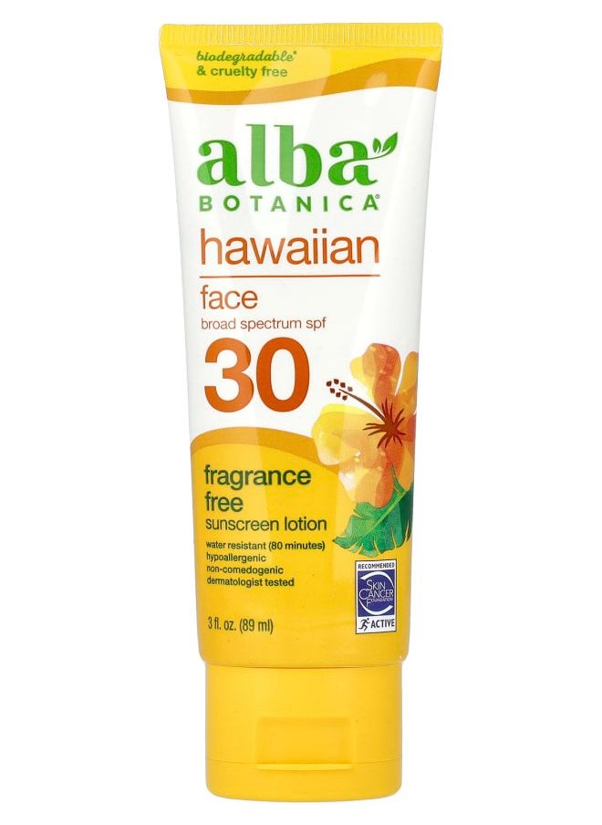 Hawaiian Face Sunscreen Lotion SPF 30 Fragrance Free 3 fl oz (89 ml)