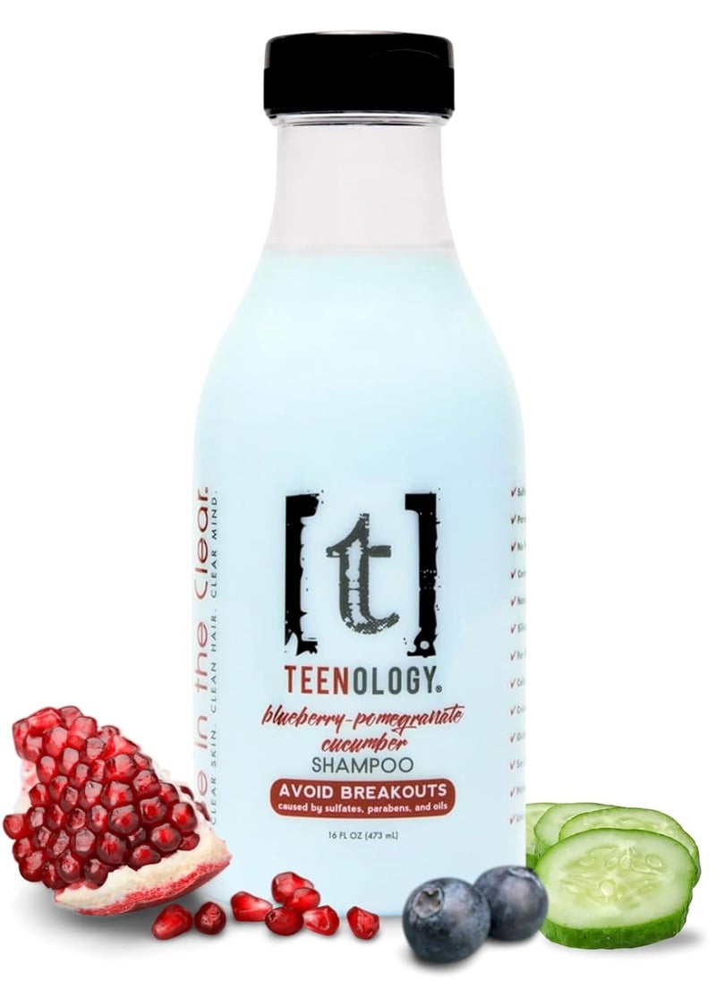 Teenology Shampoo for Teens - Avoid Forehead and Body Breakouts - No Sulfates or Parabens, Noncomedogenic, Natural Botanical Extracts, 16 oz. (Blueberry Pomegranate Cucumber)