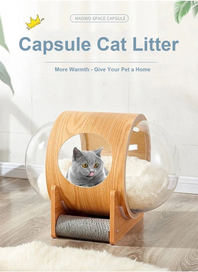 Capsule Shaped Pet Cat Bed Double-Sided Acrylic Transparent Cat House With Scratching Post Toy Indoor Cat Bed