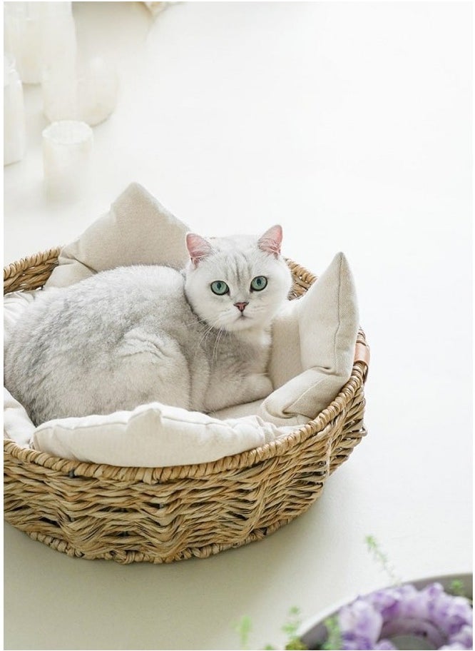 Oval Wicker Pet Bed, Cozy And Versatile, Durable Cat Lounge Bed Sleeping Basket With Cushion For Indoor Cats - Size: 48cm x 48cm x 15cm