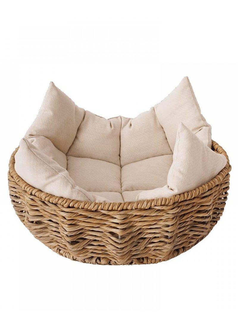 Oval Wicker Pet Bed, Cozy And Versatile, Durable Cat Lounge Bed Sleeping Basket With Cushion For Indoor Cats - Size: 48cm x 48cm x 15cm