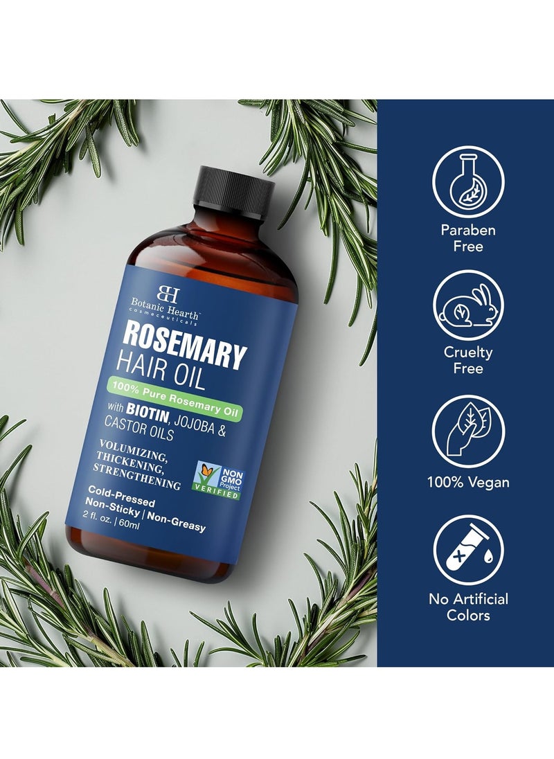 Botanic Hearth 100% Pure Rosemary Oil For Hair Growth Infused With Biotin | Hair strengthening Treatment | Nourishing & Volumizing | With Jojoba Oil & Castor Oil | Non GMO Verified | 2 fl oz