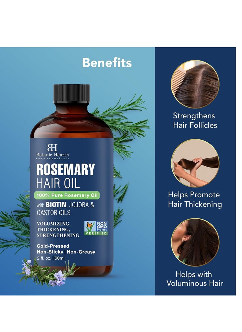 Botanic Hearth 100% Pure Rosemary Oil For Hair Growth Infused With Biotin | Hair strengthening Treatment | Nourishing & Volumizing | With Jojoba Oil & Castor Oil | Non GMO Verified | 2 fl oz