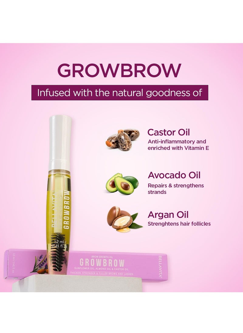 Bella Vita Organic Growbrow - Eyelash, Lashes & Eyebrows Hair Growth & Volume Serum With Castor, Onion Oil & Vitamin E, 12 ML