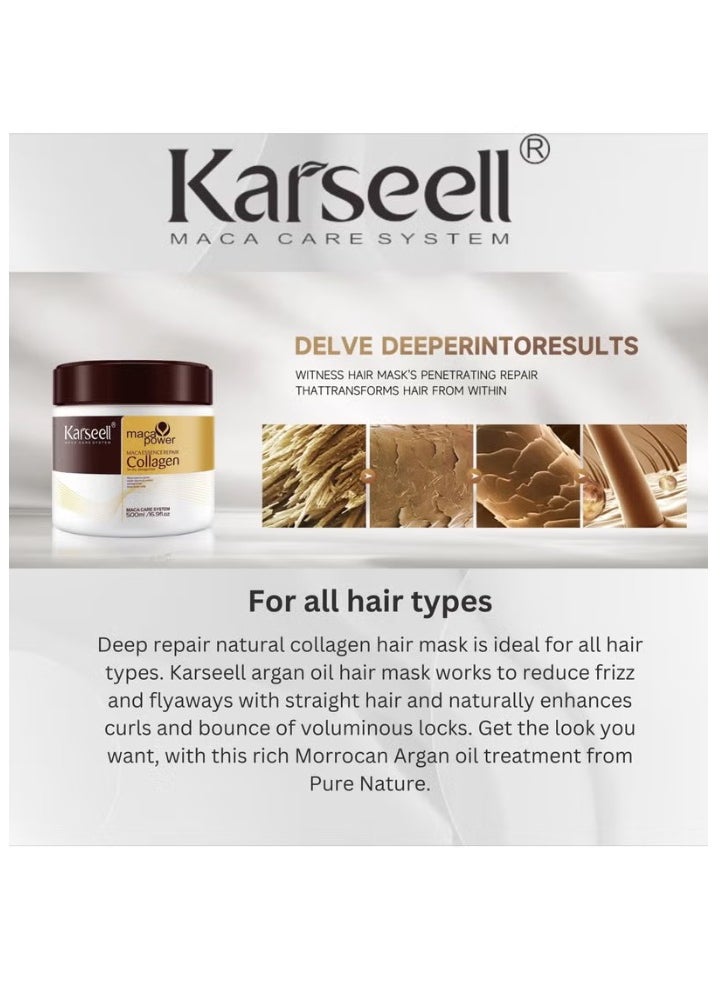 Karseell Collagen Hair Treatment Deep Repair Conditioning Argan Oil Collagen Hair Mask Essence for Dry Damaged Hair All Hair Types 500ml