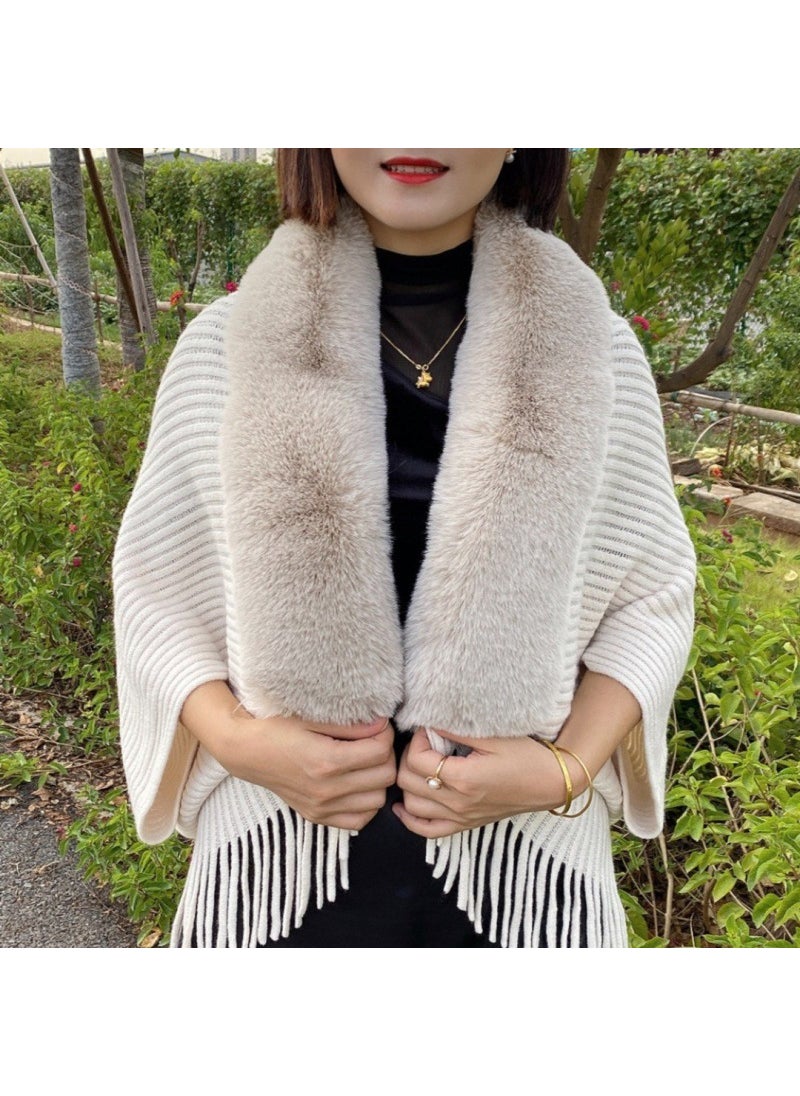 New 615# Wool-Collar Cape Shawl Batwing Knit Cardigan Creamy-white