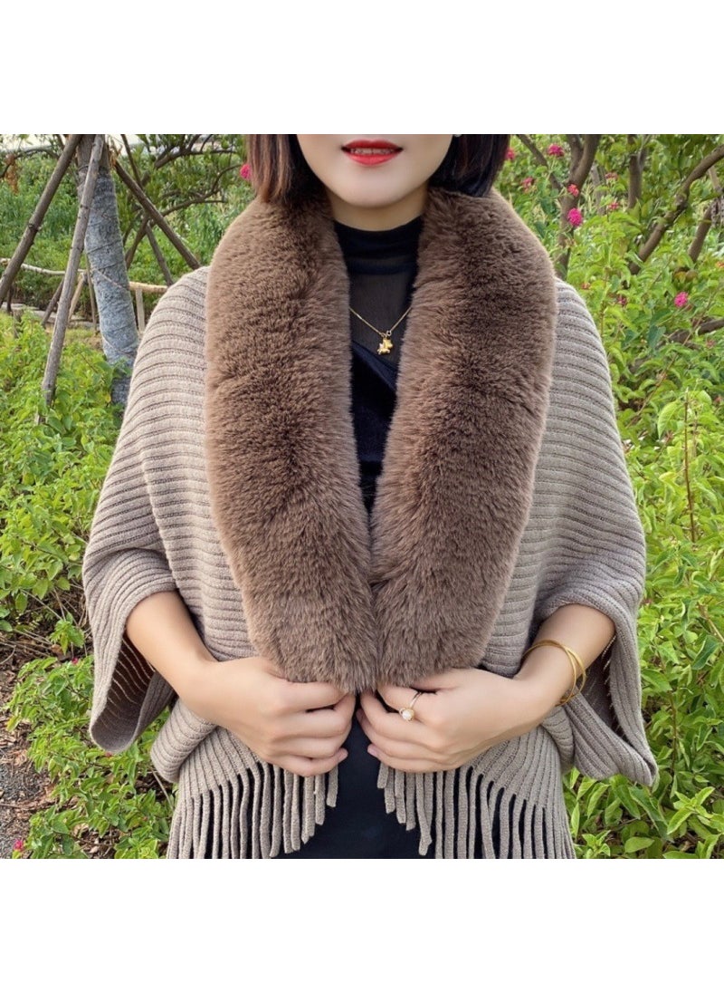 New 615# Wool-Collar Cape Shawl Batwing Knit Cardigan Khaki