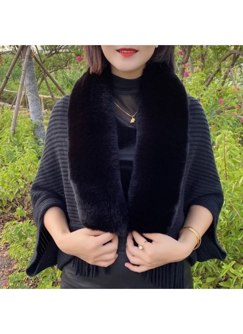 New 615# Wool-Collar Cape Shawl Batwing Knit Cardigan Black