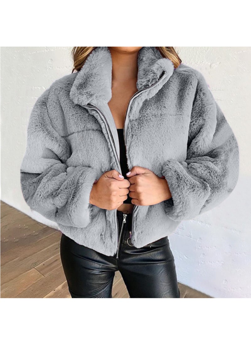 2024 Rabbit Fur Faux Leather Zip Cardigan Warm Jacket Gray