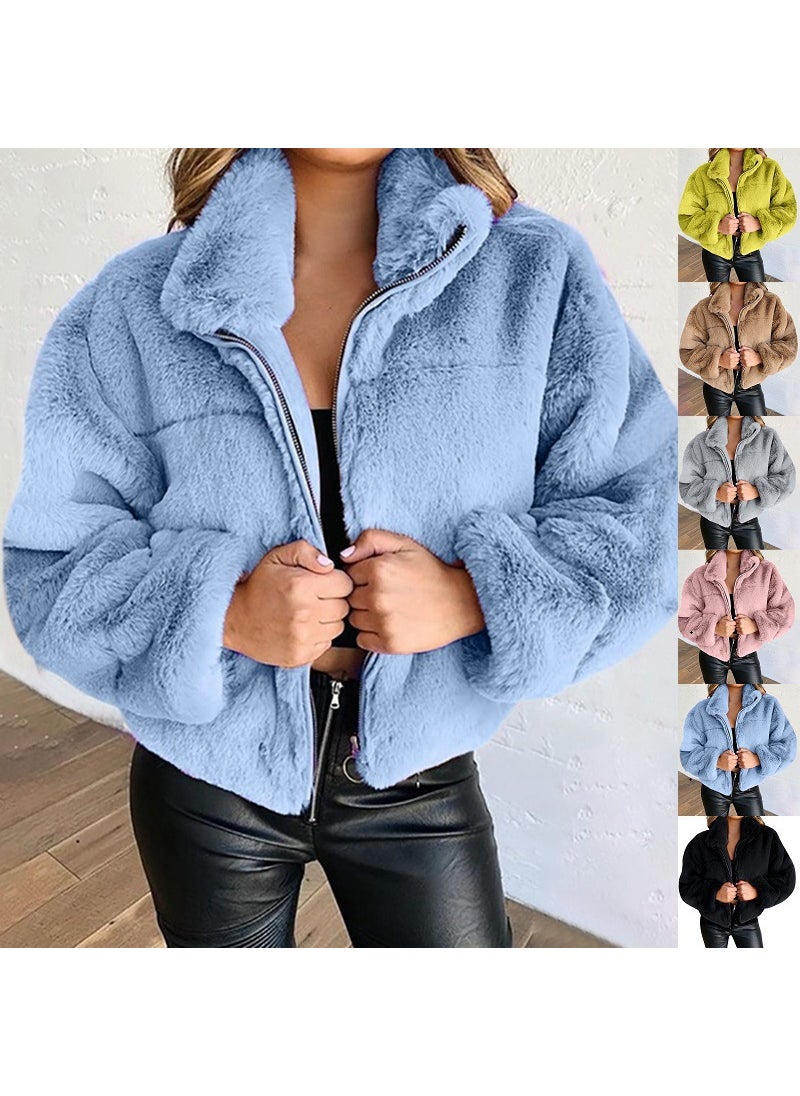 2024 Rabbit Fur Faux Leather Zip Cardigan Warm Jacket Gray