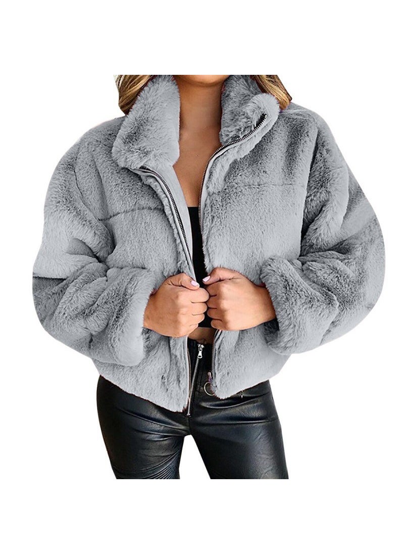 2024 Rabbit Fur Faux Leather Zip Cardigan Warm Jacket Gray