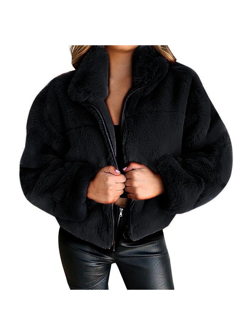 2024 Rabbit Fur Faux Leather Zip Cardigan Warm Jacket Khaki