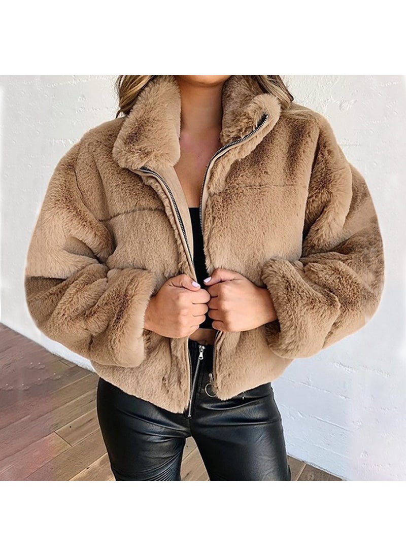 2024 Rabbit Fur Faux Leather Zip Cardigan Warm Jacket Khaki