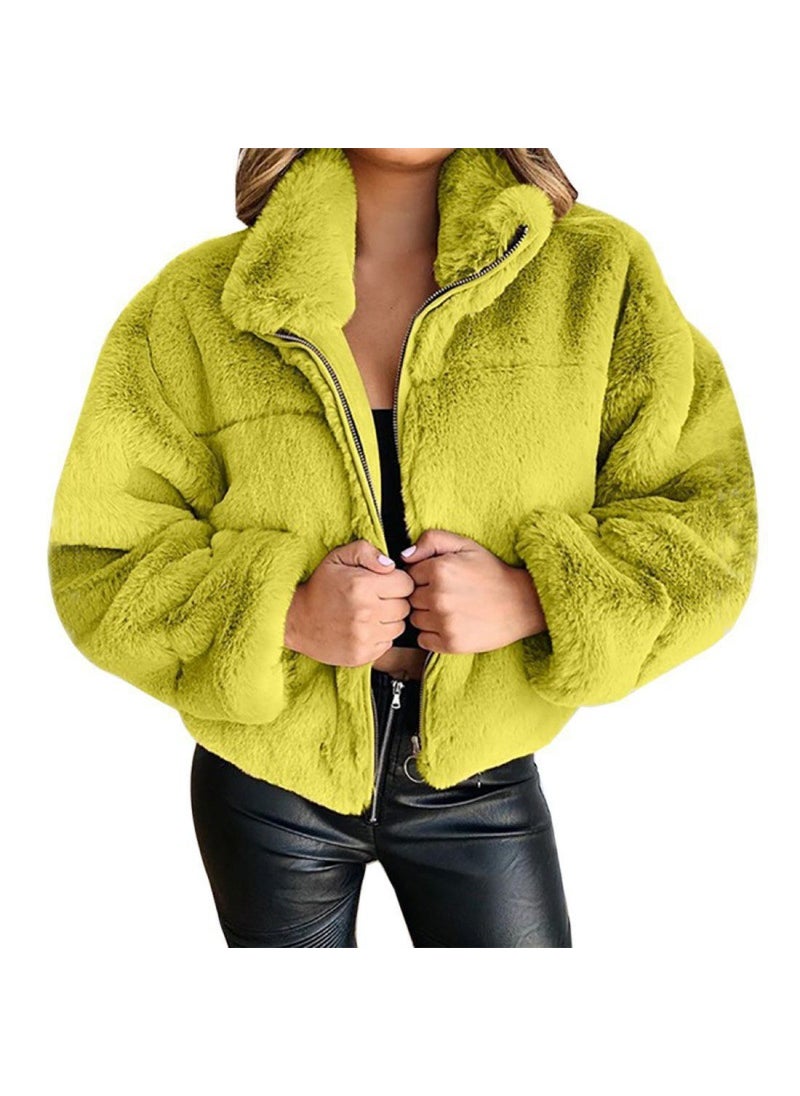 2024 Rabbit Fur Faux Leather Zip Cardigan Warm Jacket Green