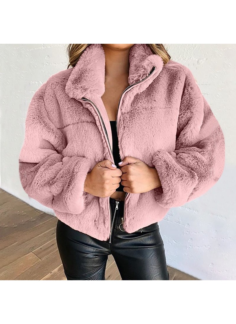 2024 Rabbit Fur Faux Leather Zip Cardigan Warm Jacket Black