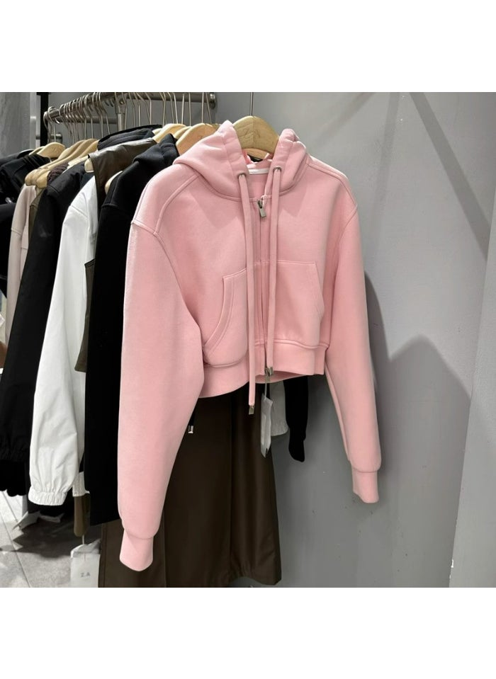 Trendy Hooded Zip-Up Cropped Sweatshirt Pink