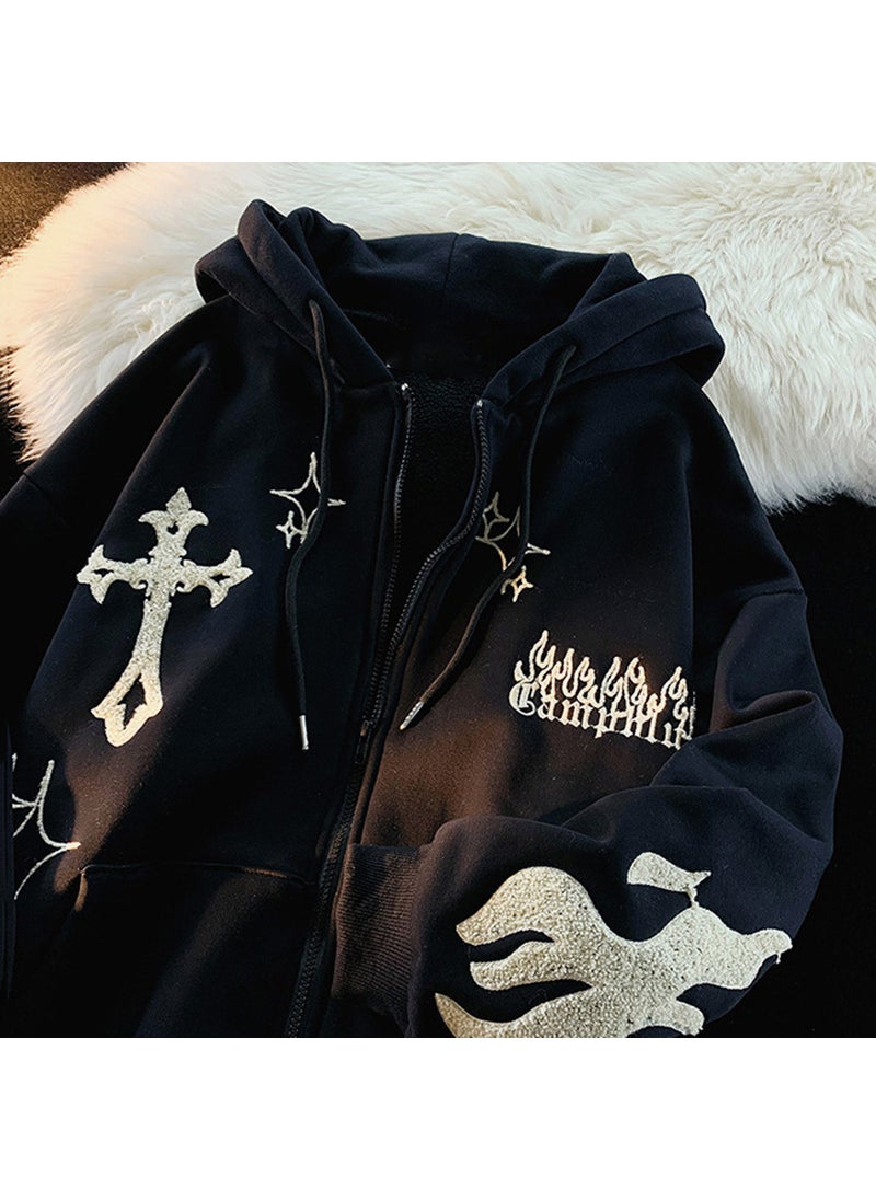 2023 Embroidered Cross Hoodie Fleece Lovers Casual Sweatshirt Black