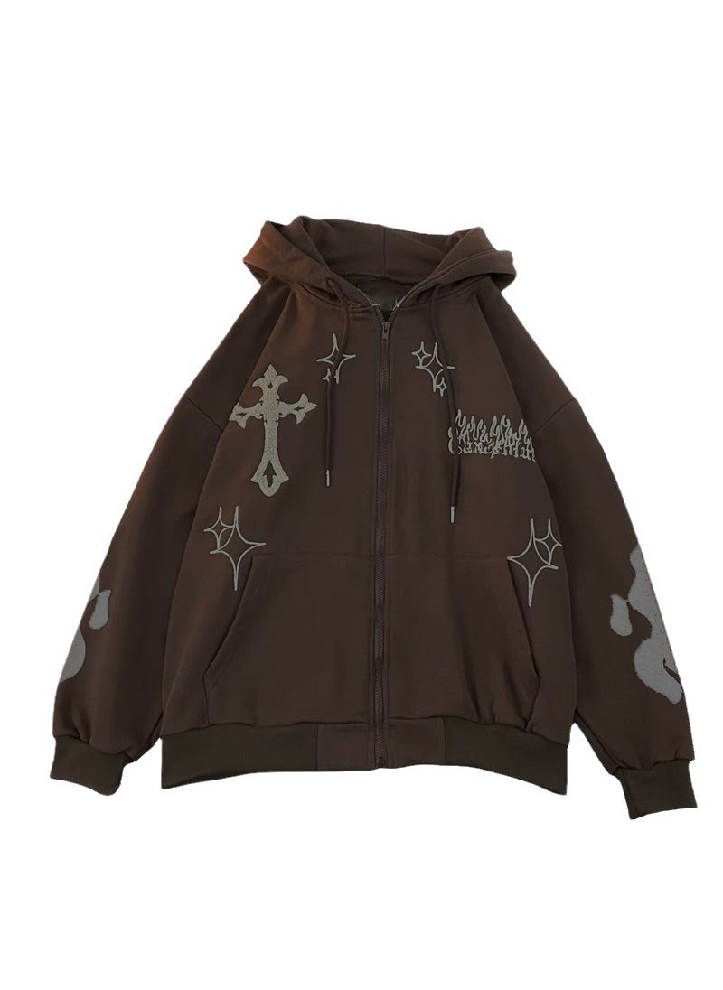 2023 Embroidered Cross Hoodie Fleece Lovers Casual Sweatshirt Brown