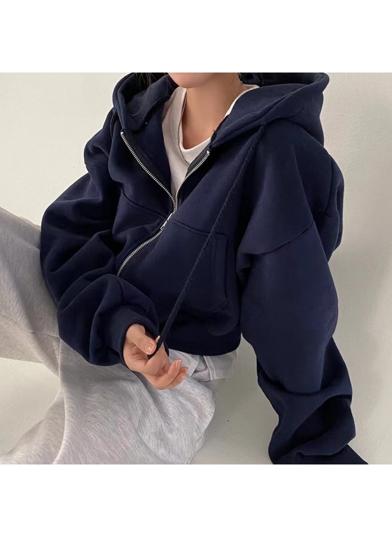 2023 Autumn Winter Plush Hoodie Women Navy blue